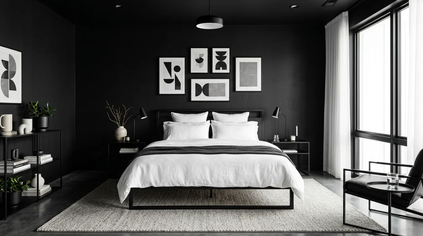 Black walls and minimal decor creating calm visual tension in a moody bedroom.