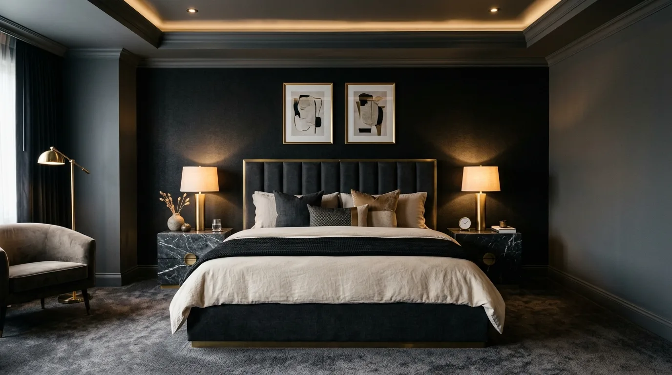 Moody black bedroom with soft beige relief and warm layered texture.