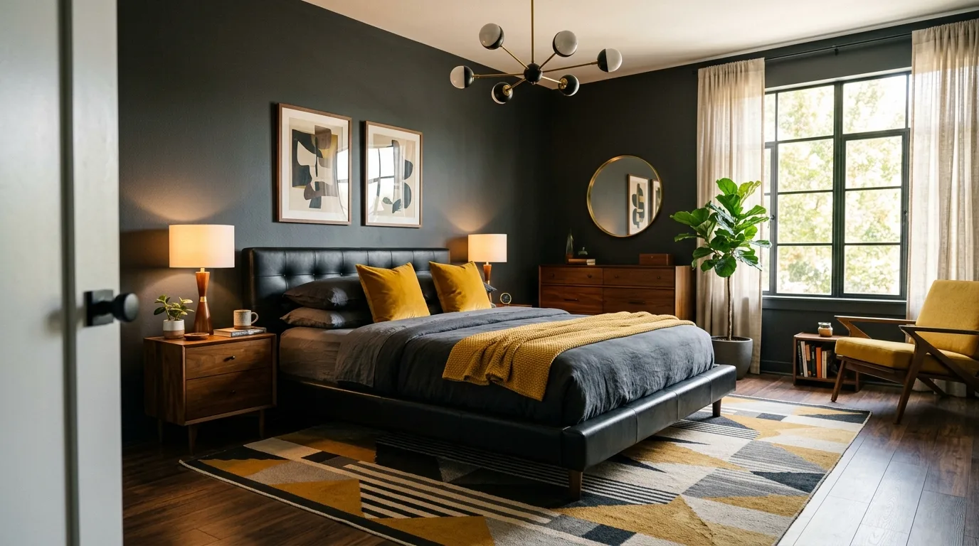 Black bedroom layered with sheer drapes for a softer moody aesthetic.