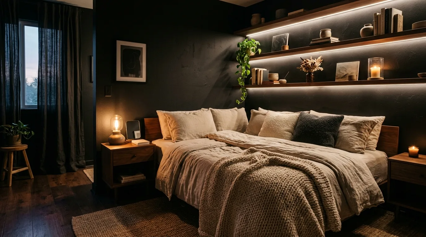 Black and grey bedroom aesthetic with darker calm and modern layered styling.