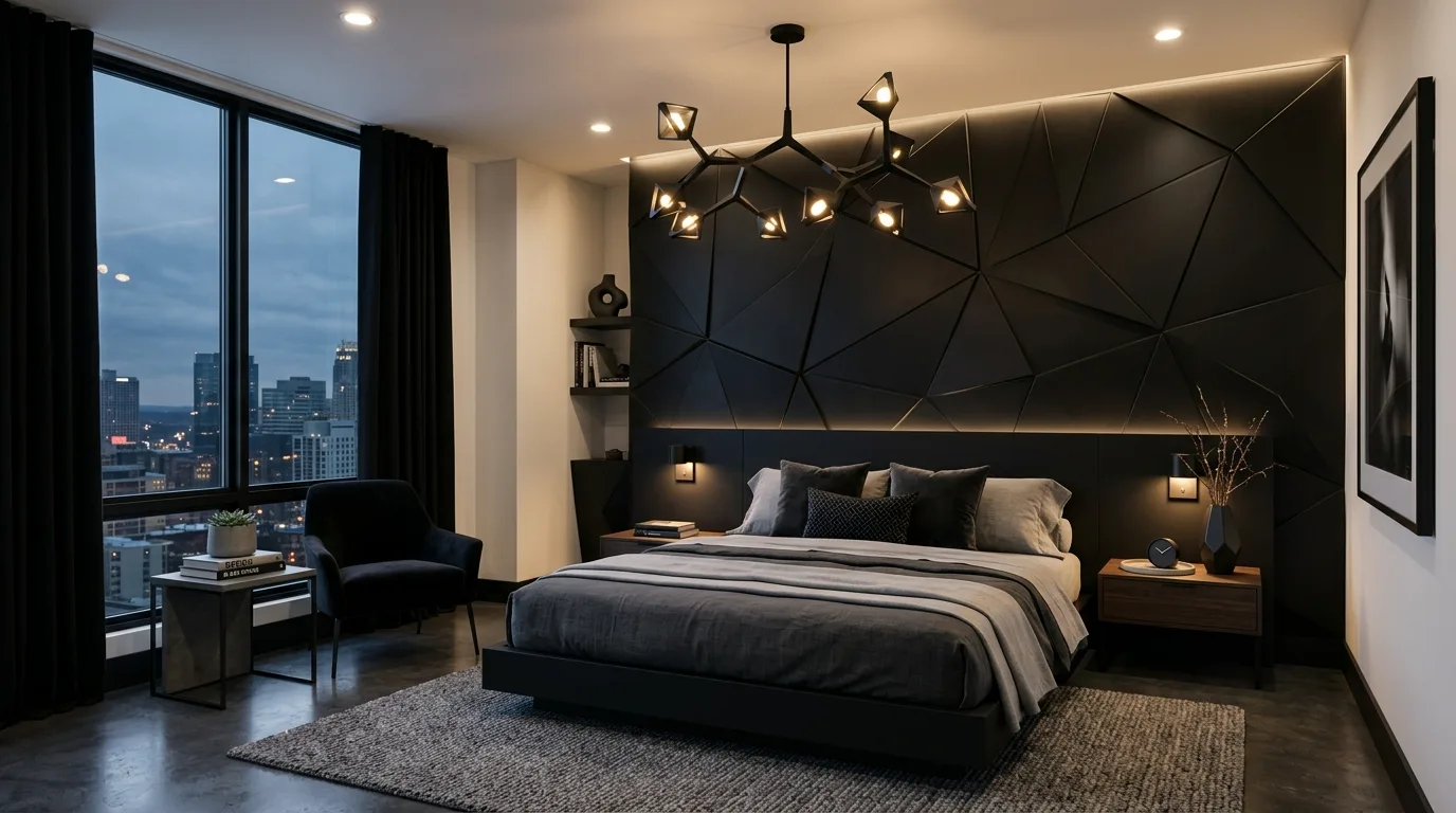 Moody black room with glowing accent light and warm atmospheric styling.