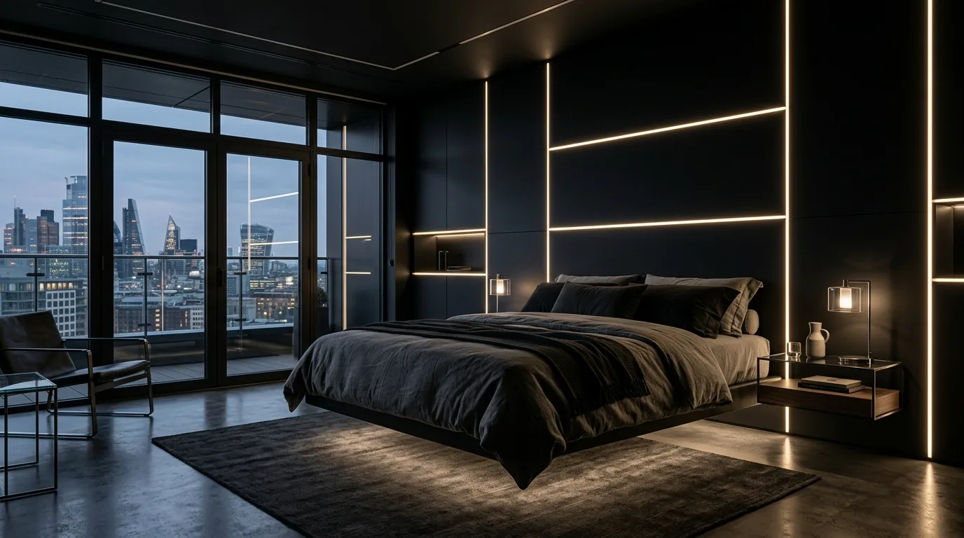 Black bedroom aesthetic that feels deep inviting and beautifully moody.
