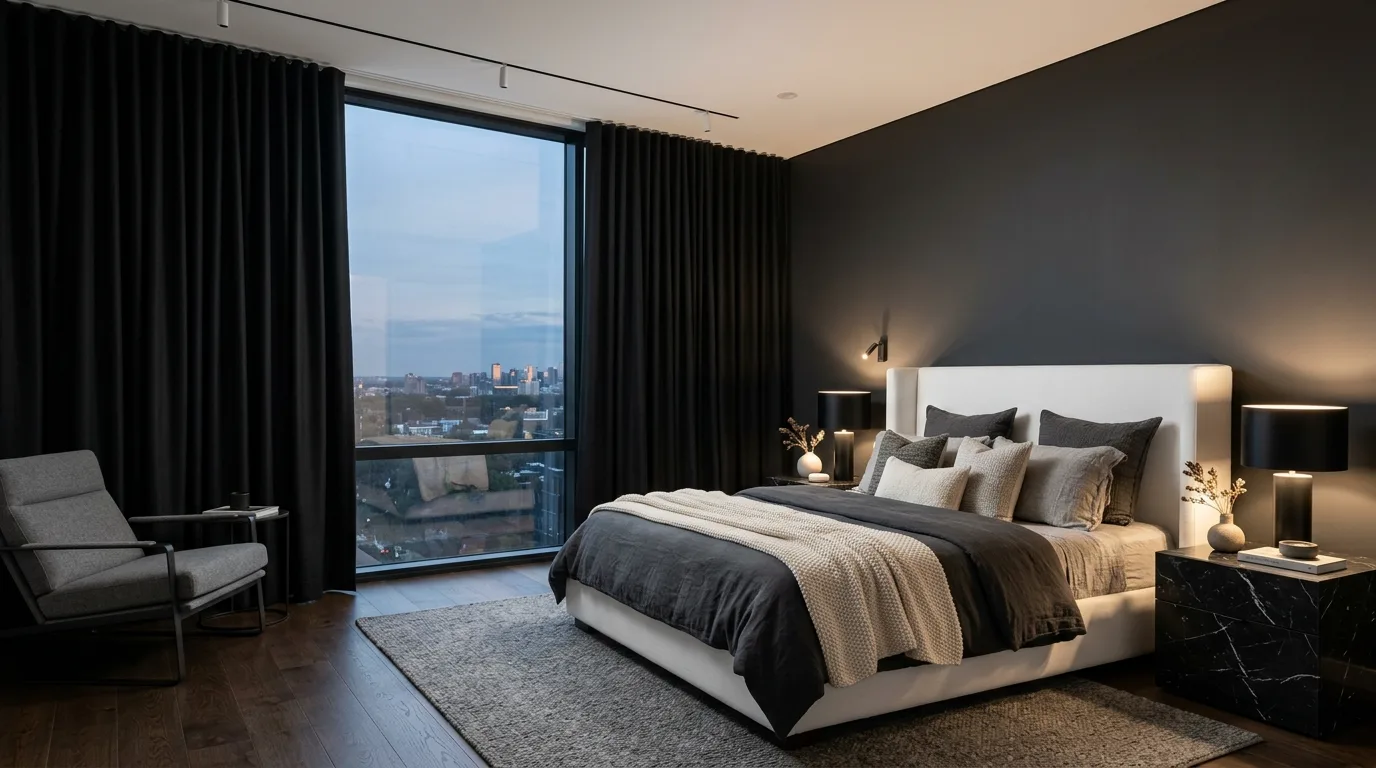 Black curtains in a dramatic bedroom with strong light control and layered mood.