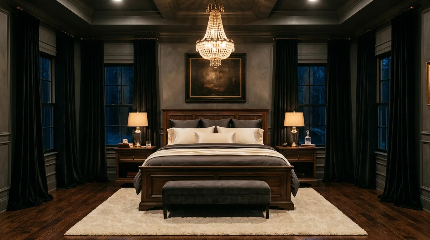 Black curtains with white bedding contrast in a polished dramatic bedroom.