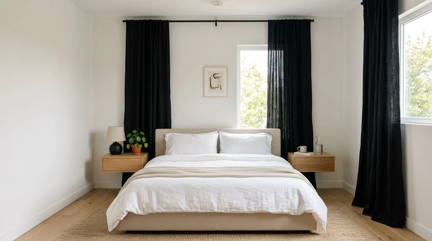 Black curtains in a minimal room adding drama and clean structure.