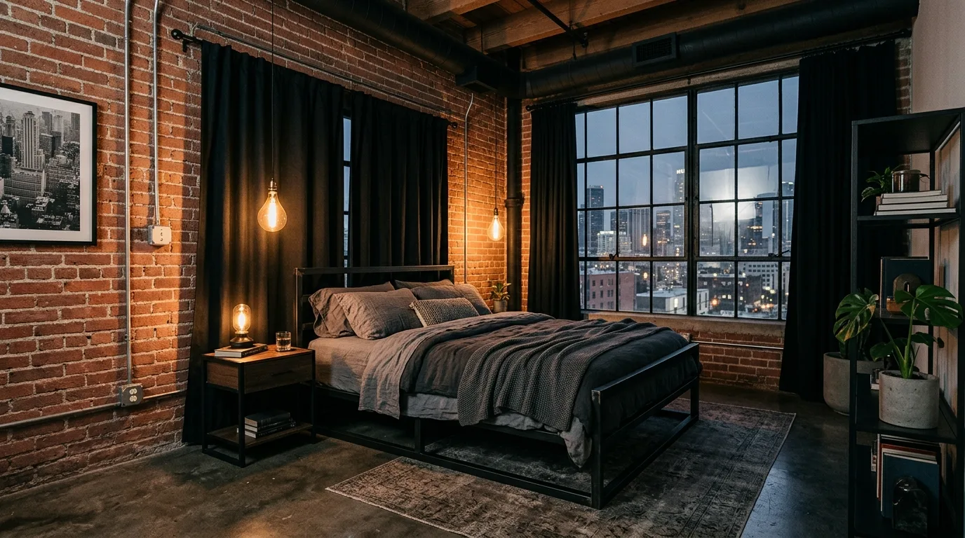 Black drapes layered over sheers in a balanced bedroom with light control.