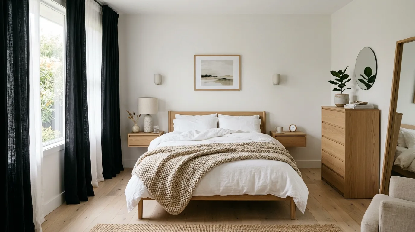 Black curtains balanced by warm wood in a cozy dramatic bedroom.