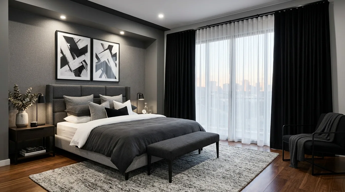Black curtains in a moody grey bedroom with layered dramatic styling.