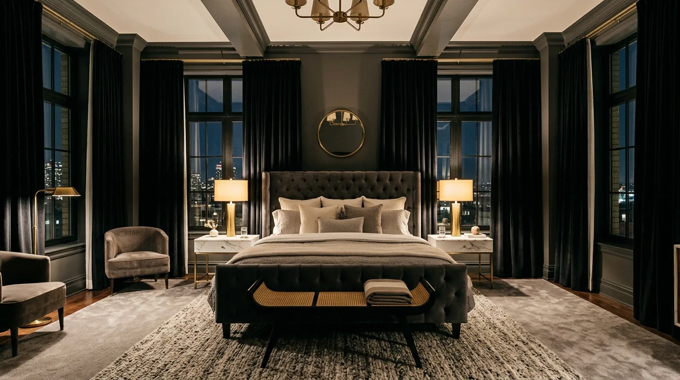 Black curtains used for better sleep and stronger drama in a bedroom.