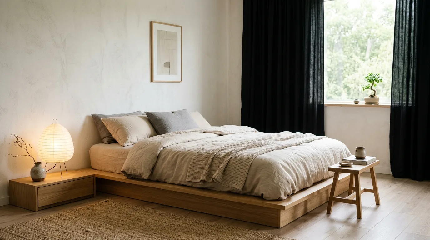 Black curtains with a soft beige palette in a dramatic balanced bedroom.