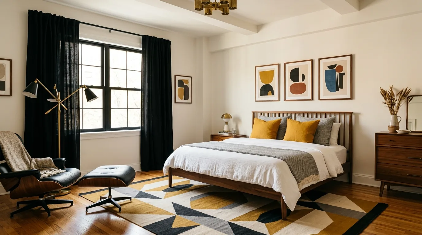 Black curtains turning a bedroom cinematic with strong moody atmosphere.