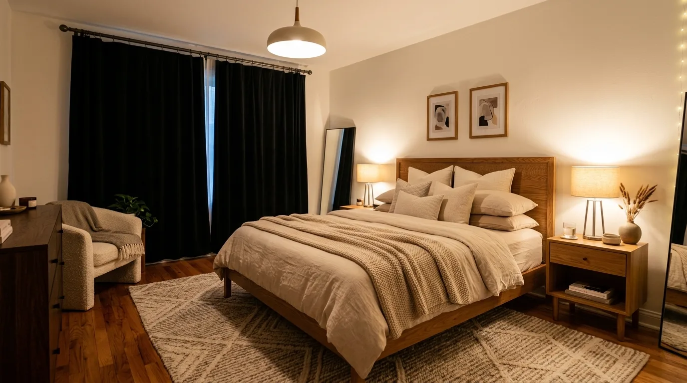 Black curtains that feel bold useful and beautiful in a polished bedroom.