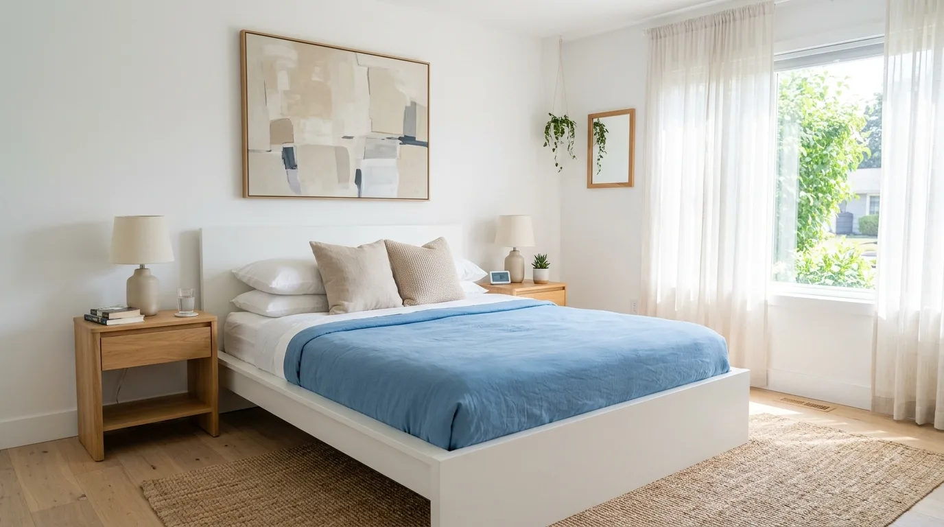 Blue duvet styled in a crisp clean bedroom with layered white accents.