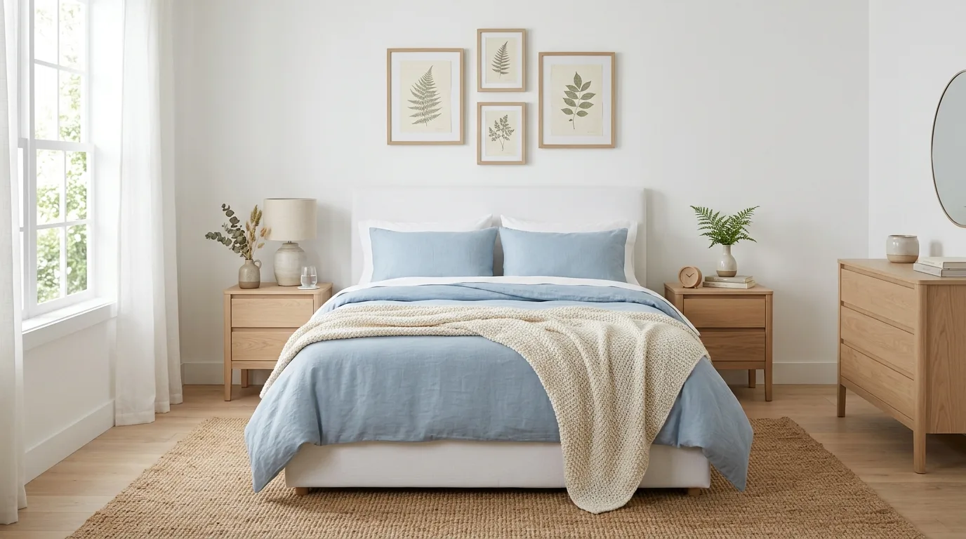 Pale blue duvet in a bright sunlit bedroom with minimal decor.