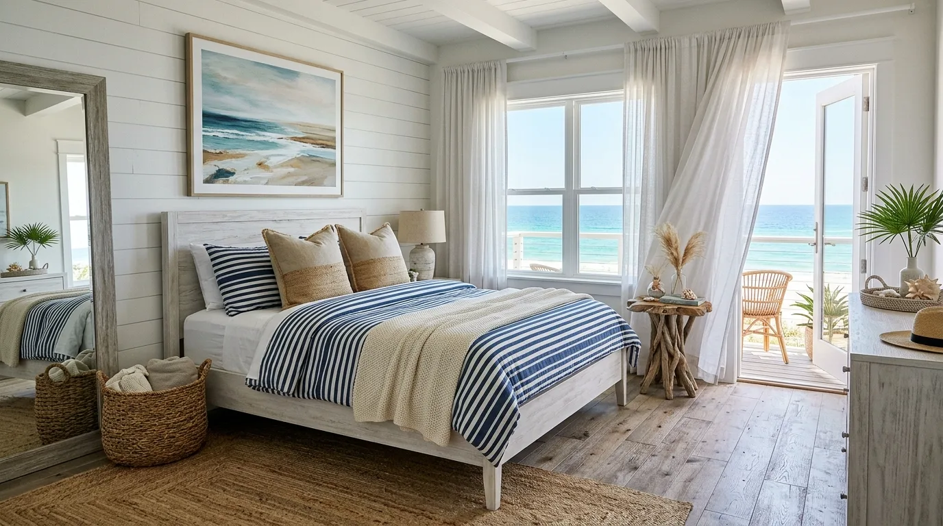 Navy blue duvet balanced with beige accents in a clean bedroom.