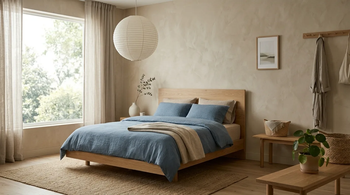 Blue duvet on a white upholstered bed in a bright clean bedroom.