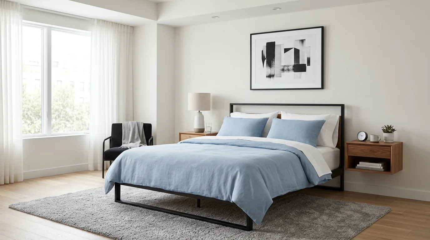 Blue duvet styled with striped sheets in a fresh tailored bedroom.