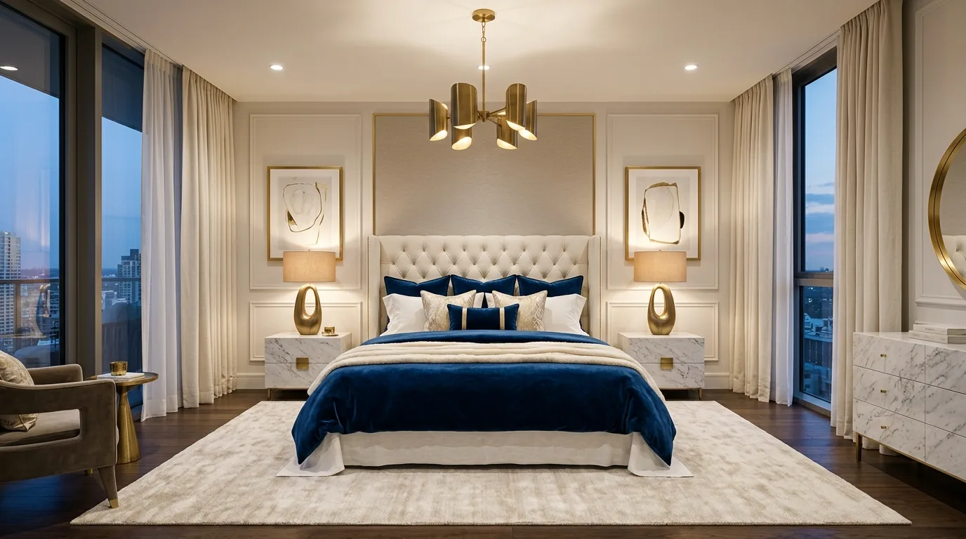 Blue duvet with pale oak furniture in a crisp Scandinavian-style bedroom.