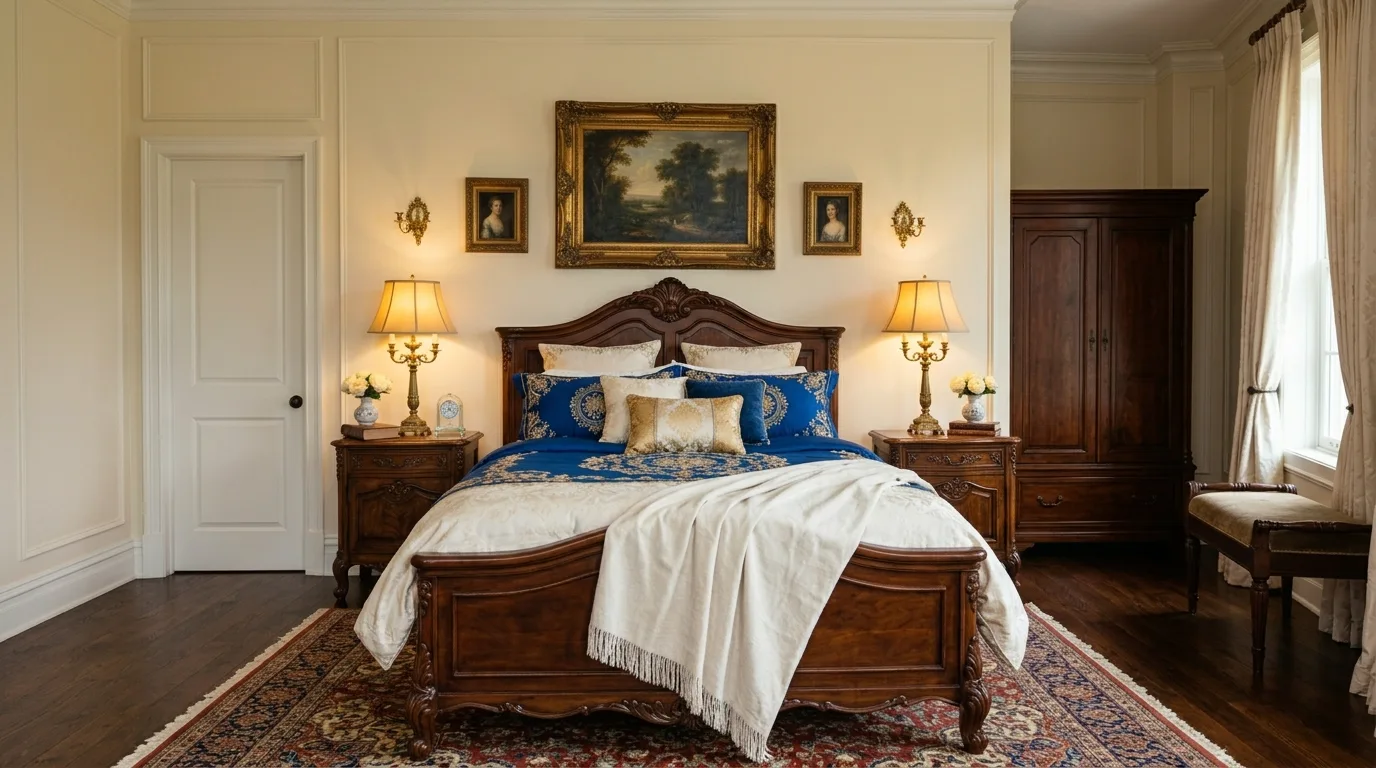 Blue duvet in a minimal bedroom with white walls and restrained decor.