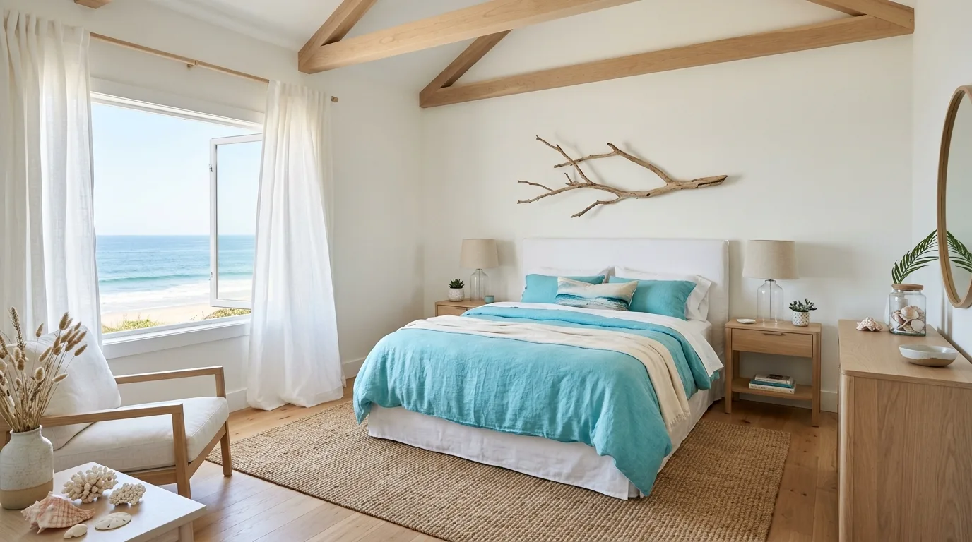 Soft blue duvet with layered cream pillows in a serene clean bedroom.