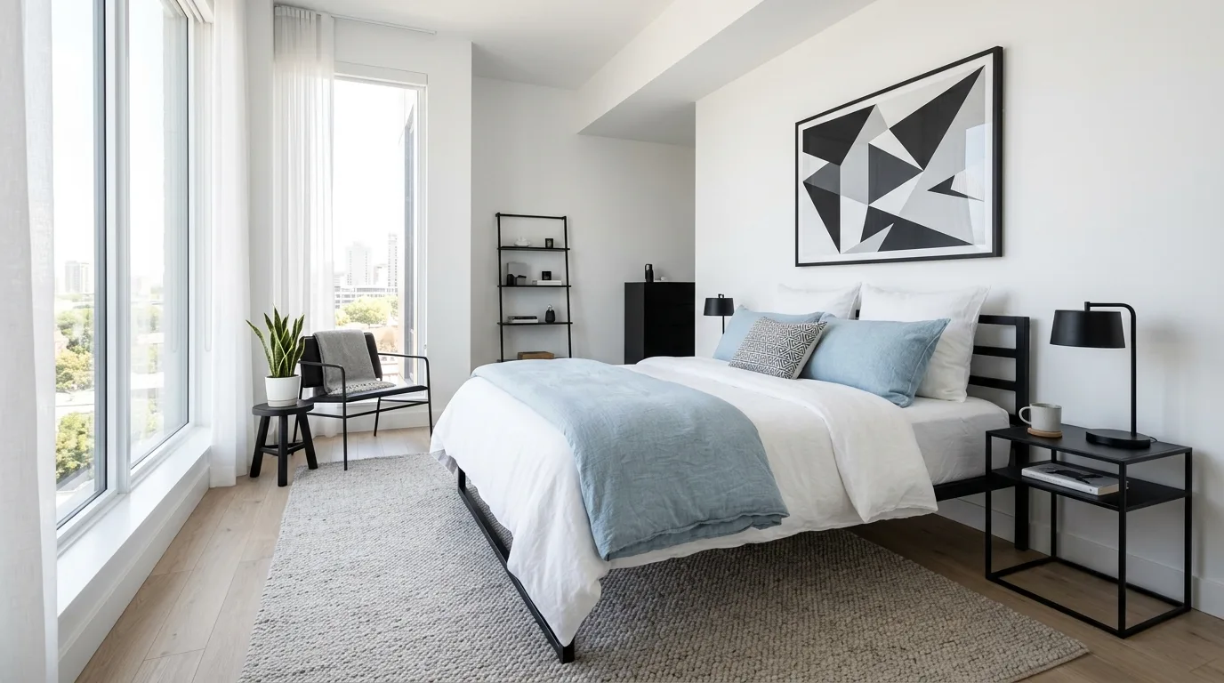 Blue duvet framed by simple wall art and soft natural light in a clean bedroom.