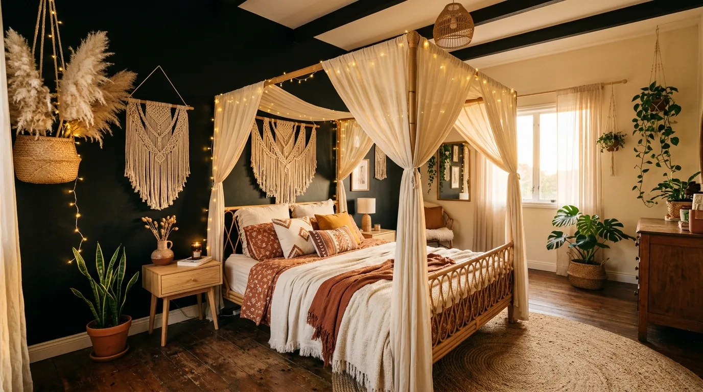 Boho black bedroom with eclectic dreamy layers and warm textured styling.