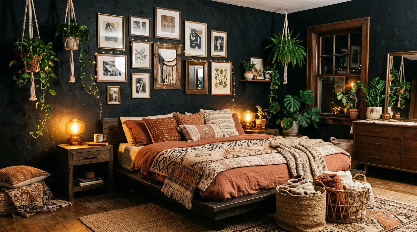 Eclectic textiles layered on a black bed in a dreamy boho bedroom.
