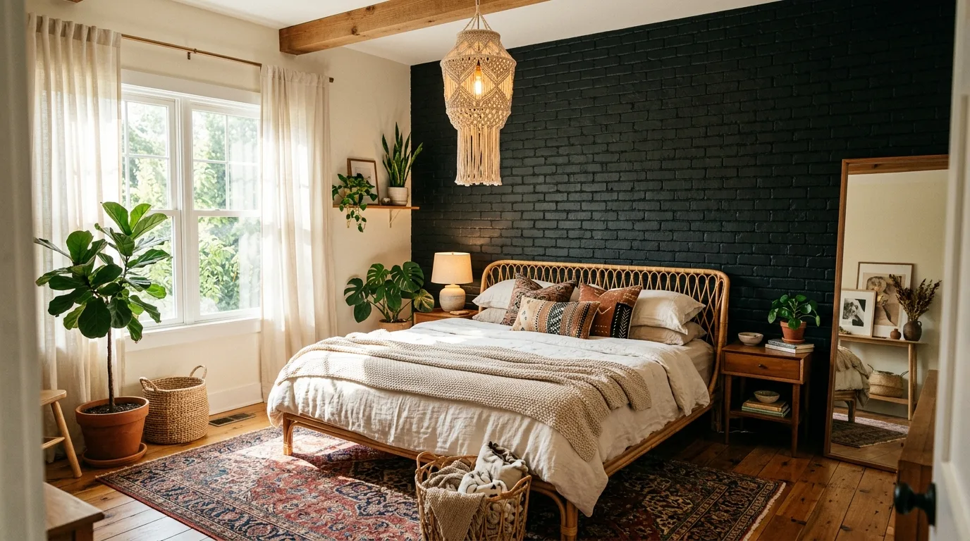 Black and terracotta bedroom with dreamy boho warmth and texture.