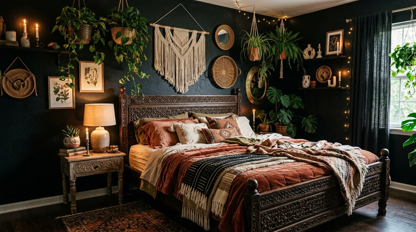 Black canopy bed with collected boho layers in a dreamy bedroom.
