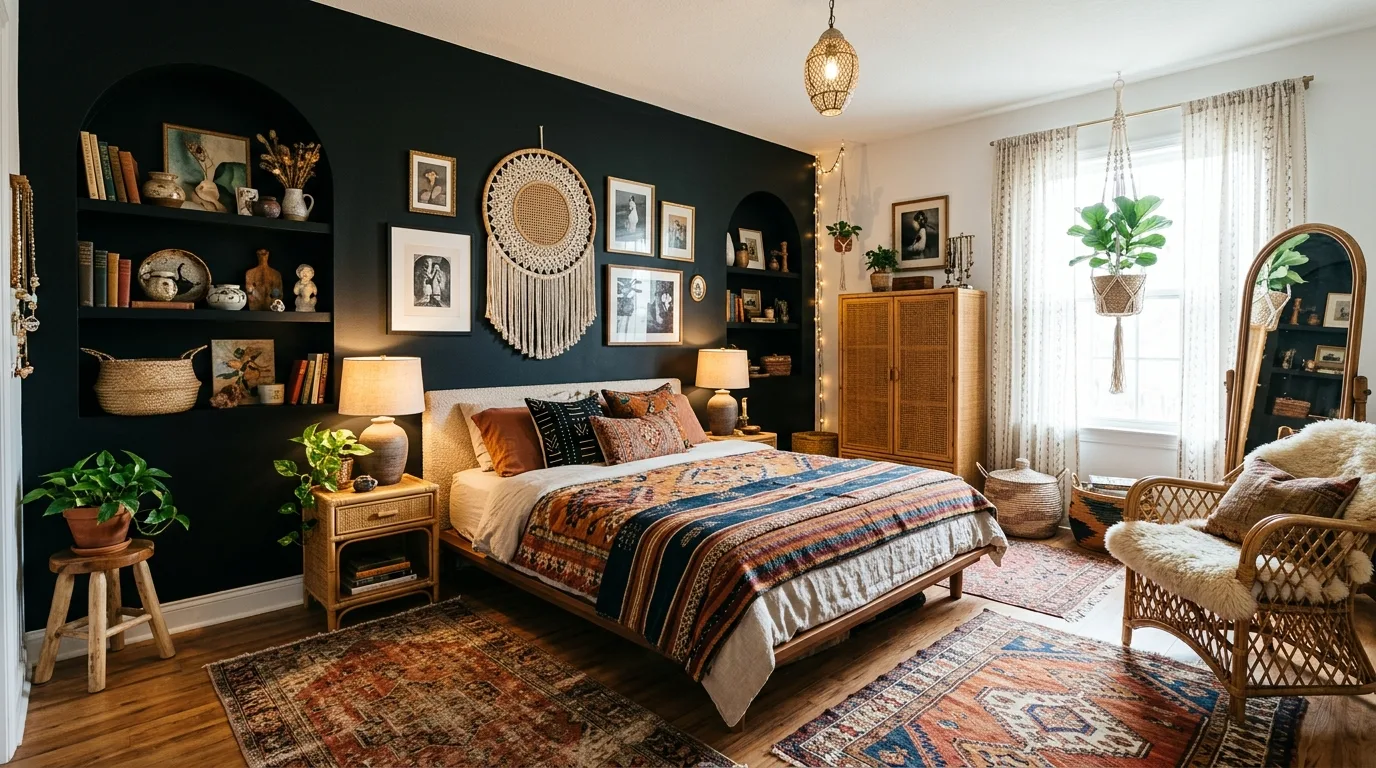 Moody black bedroom with vintage boho rugs and warm layered styling.