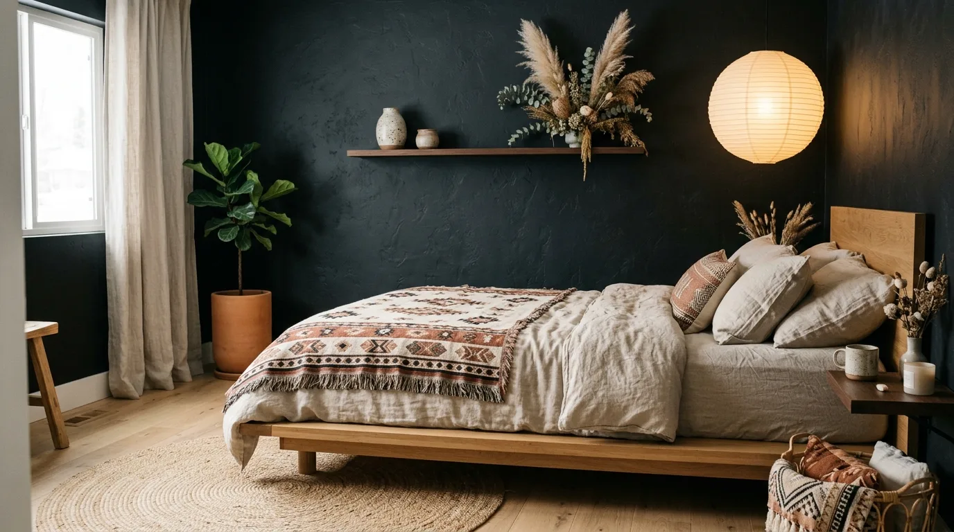 Black walls and natural rattan details in a balanced boho bedroom.
