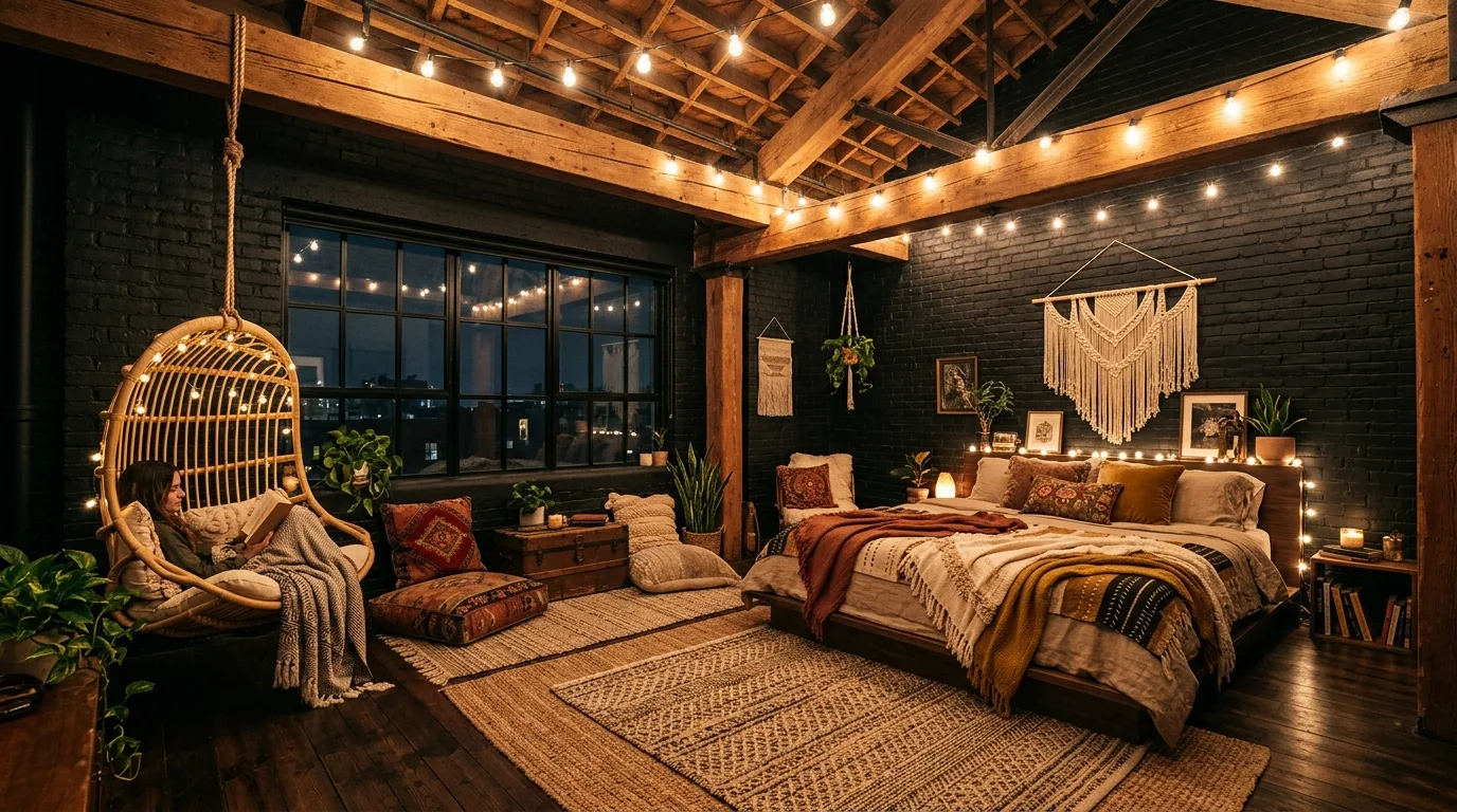 Black and cream bedroom with soft boho contrast and layered warmth.