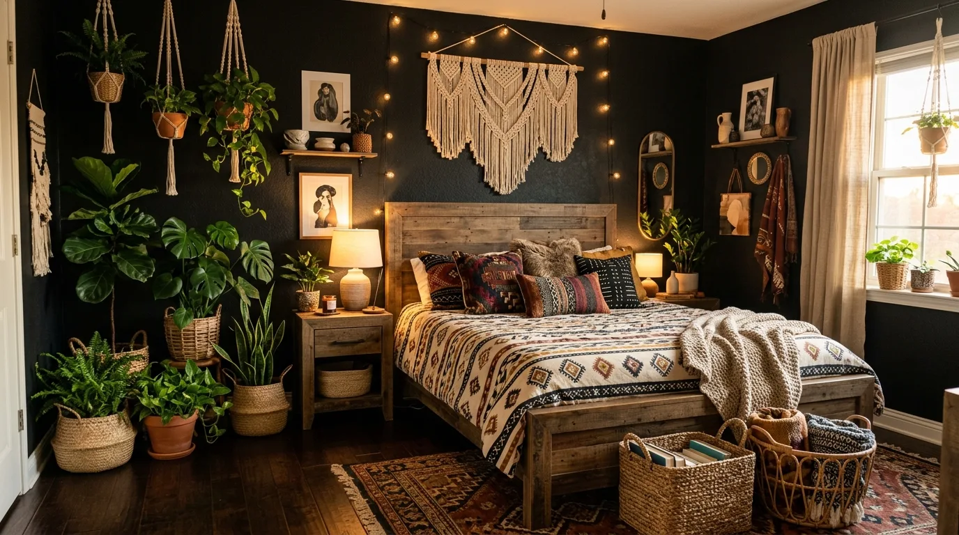 Eclectic art on a black backdrop in a dreamy boho bedroom.