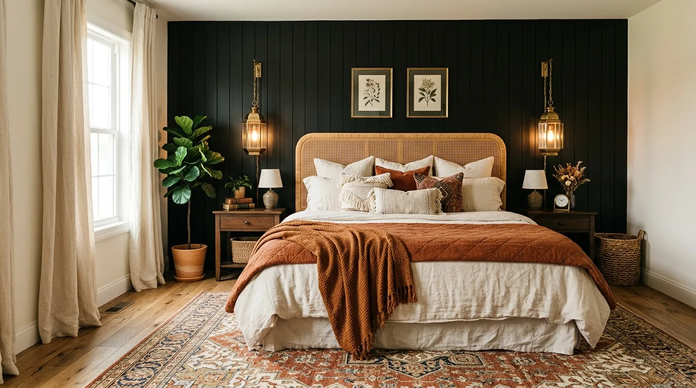 Black bedroom with soft macrame layers and warm dreamy boho styling.