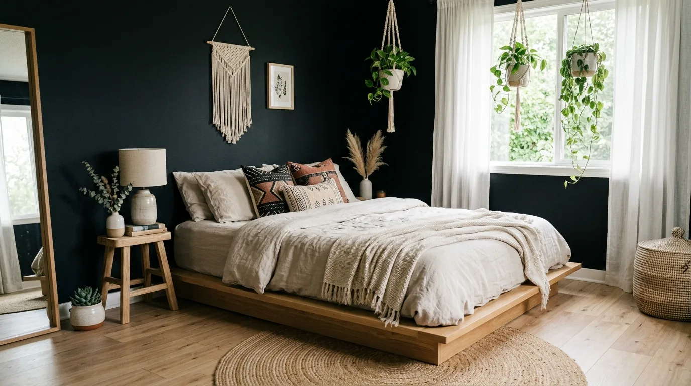 Dreamy black room with earthy clay tones and eclectic boho layering.