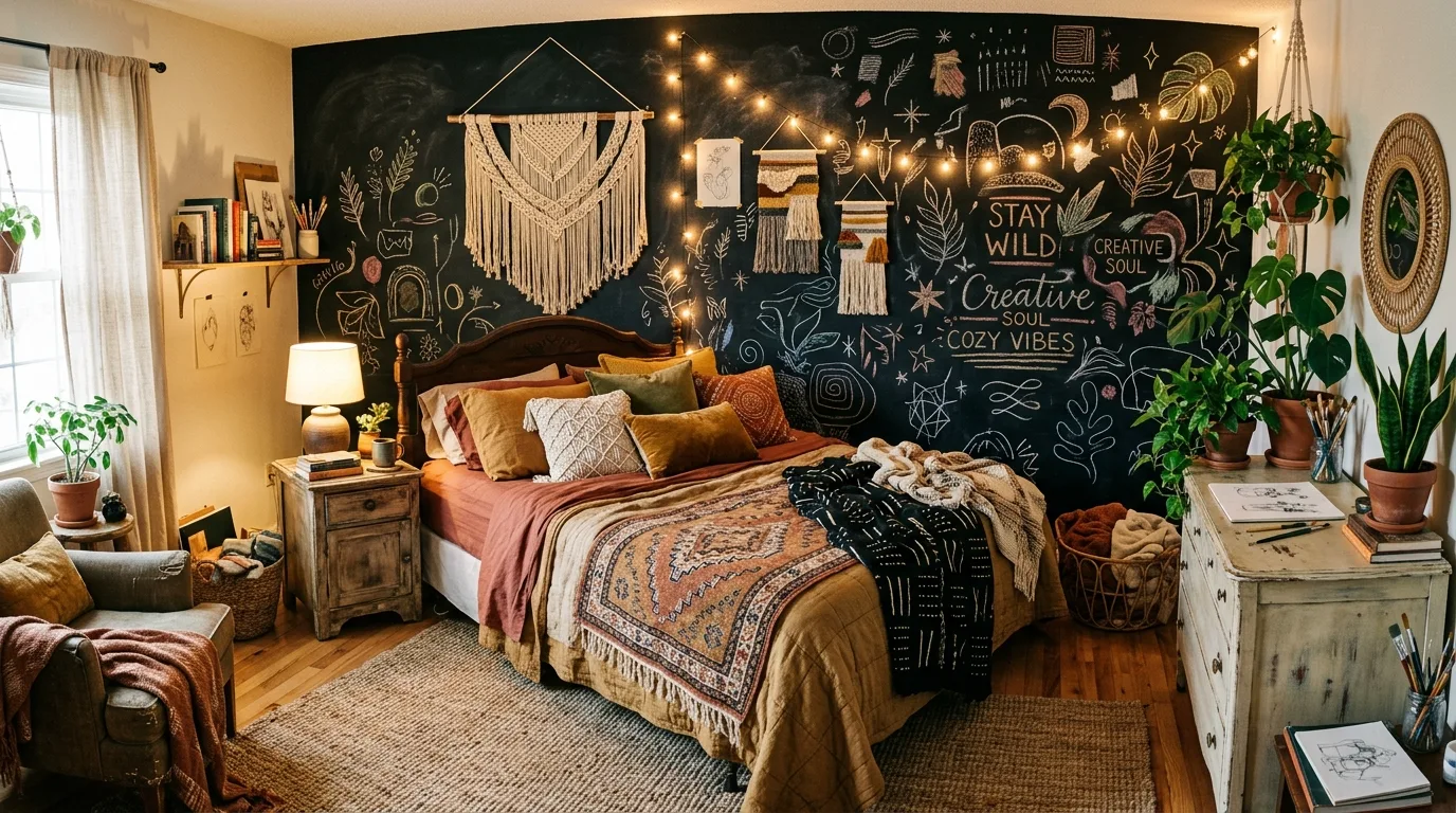 Black and brass bedroom with bohemian ease and dreamy layered texture.