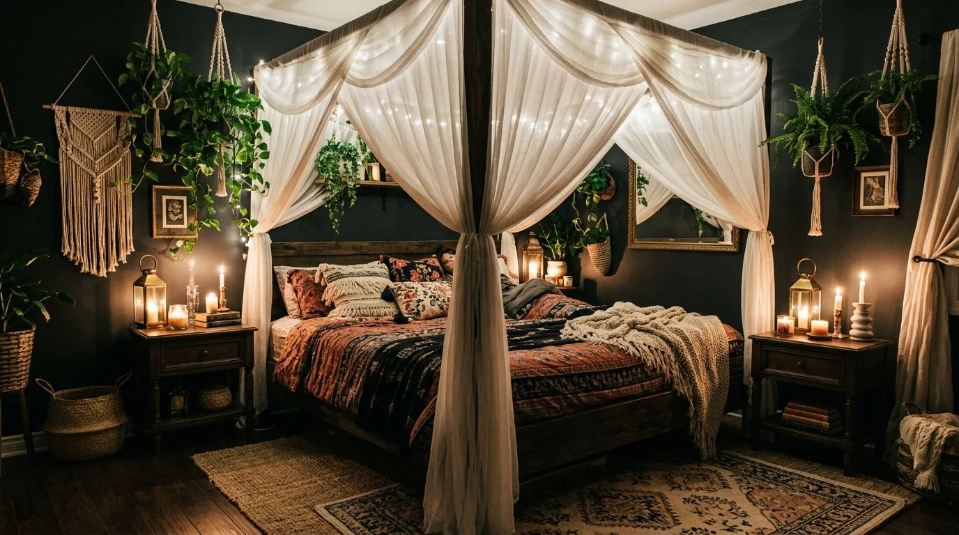 Layered boho bedding against black walls in a cozy dreamy bedroom.