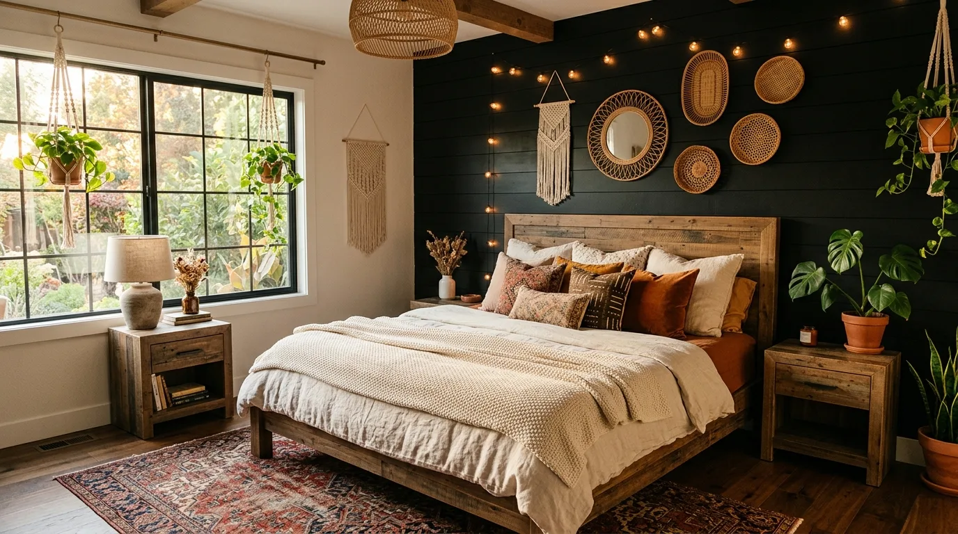 Black boho bedroom with collected soul and layered dreamy styling.