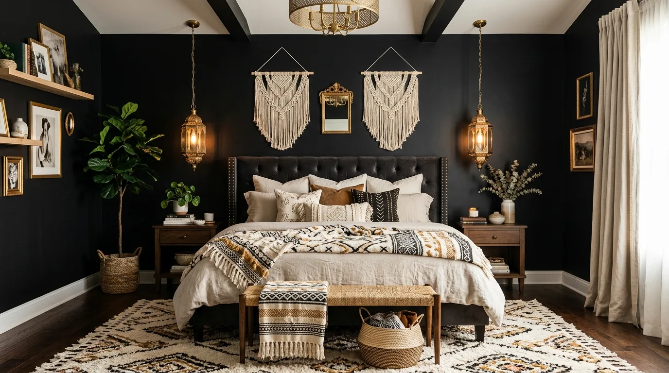 Dreamy warm personal boho black bedroom with eclectic layered styling.