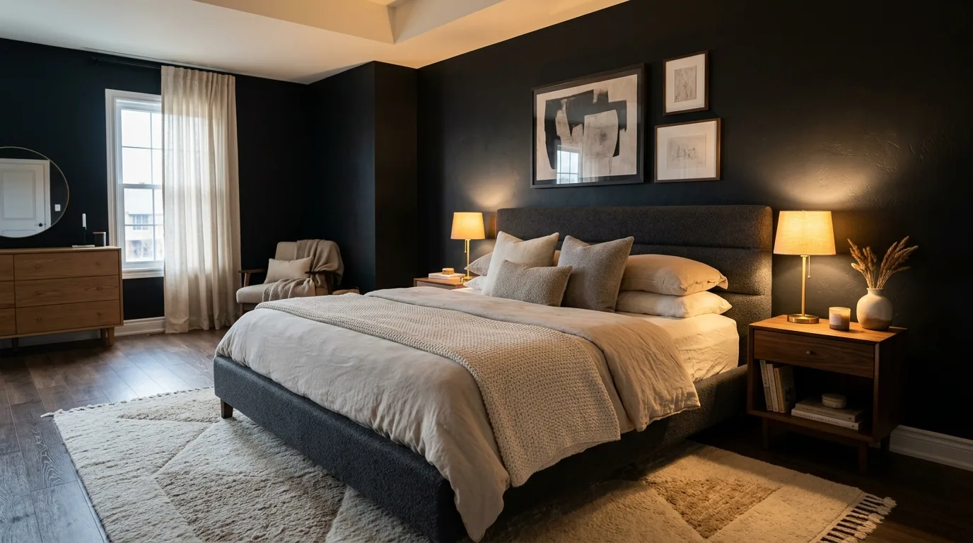 Bold black bedroom with warm layered lighting and cozy textures.