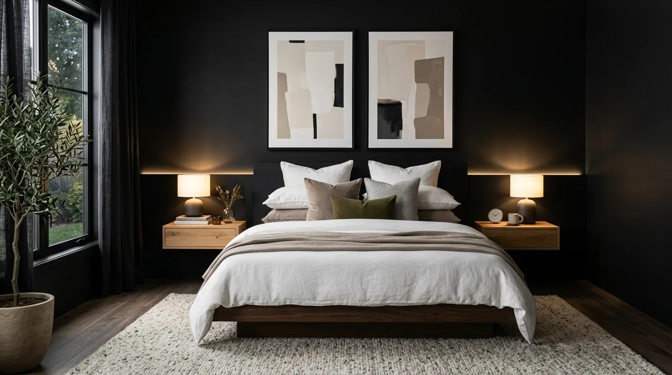 Black wall paneling with walnut furniture in a cozy dramatic bedroom.