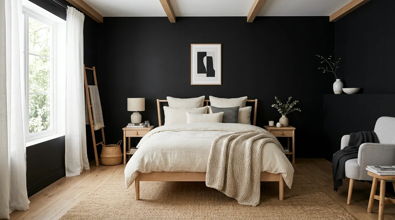 Black bedroom walls with brass lighting and cozy evening atmosphere.
