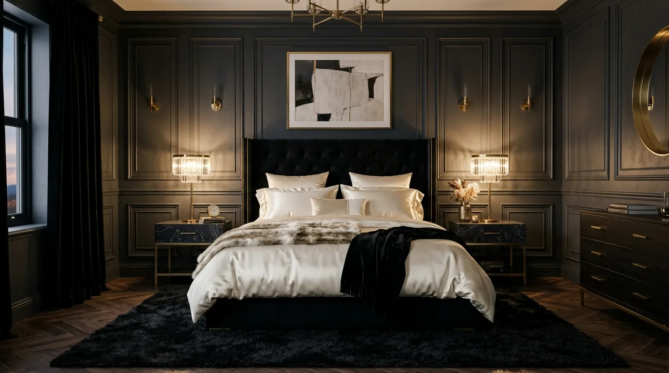 Black headboard in a soft charcoal bedroom with layered bedding.