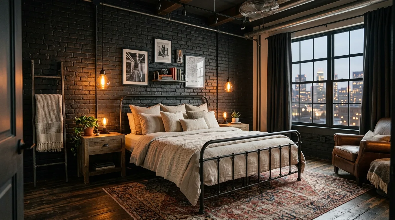 Black bedroom styled with thick knit blankets and cozy texture.