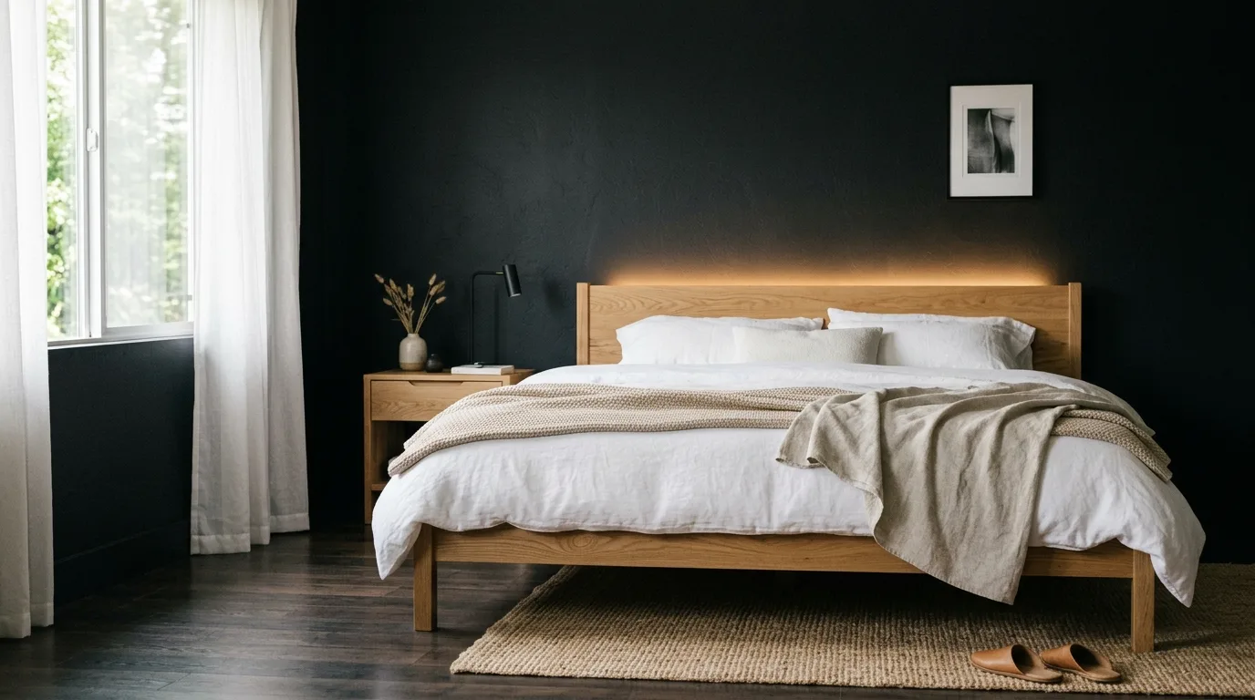 Minimal black bedroom with warm wood floors and restrained decor.