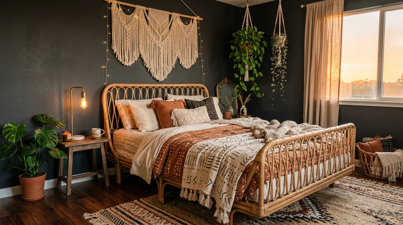 Soft black walls with linen drapes in a dramatic but cozy bedroom.