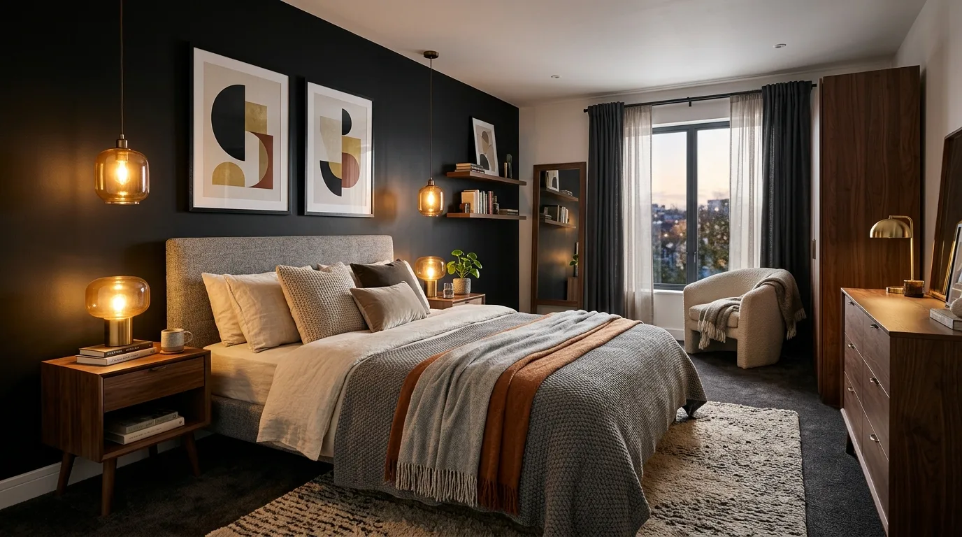Black canopy bed in a bold dramatic bedroom with warm layered textiles.