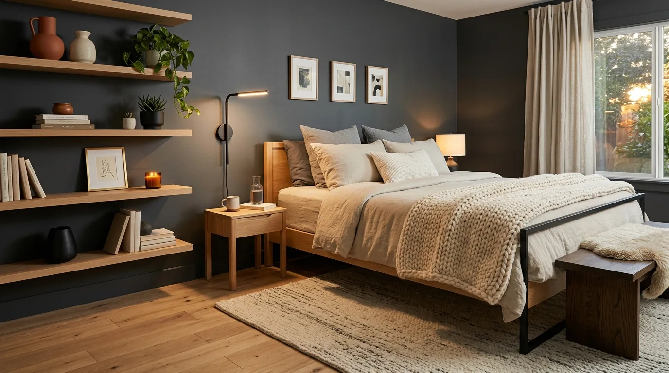 Black and beige bedroom with warm soft layered bedding and cozy lighting.