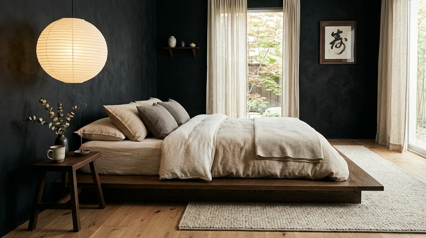 Black walls with vintage wood furniture in a warm cozy bedroom.