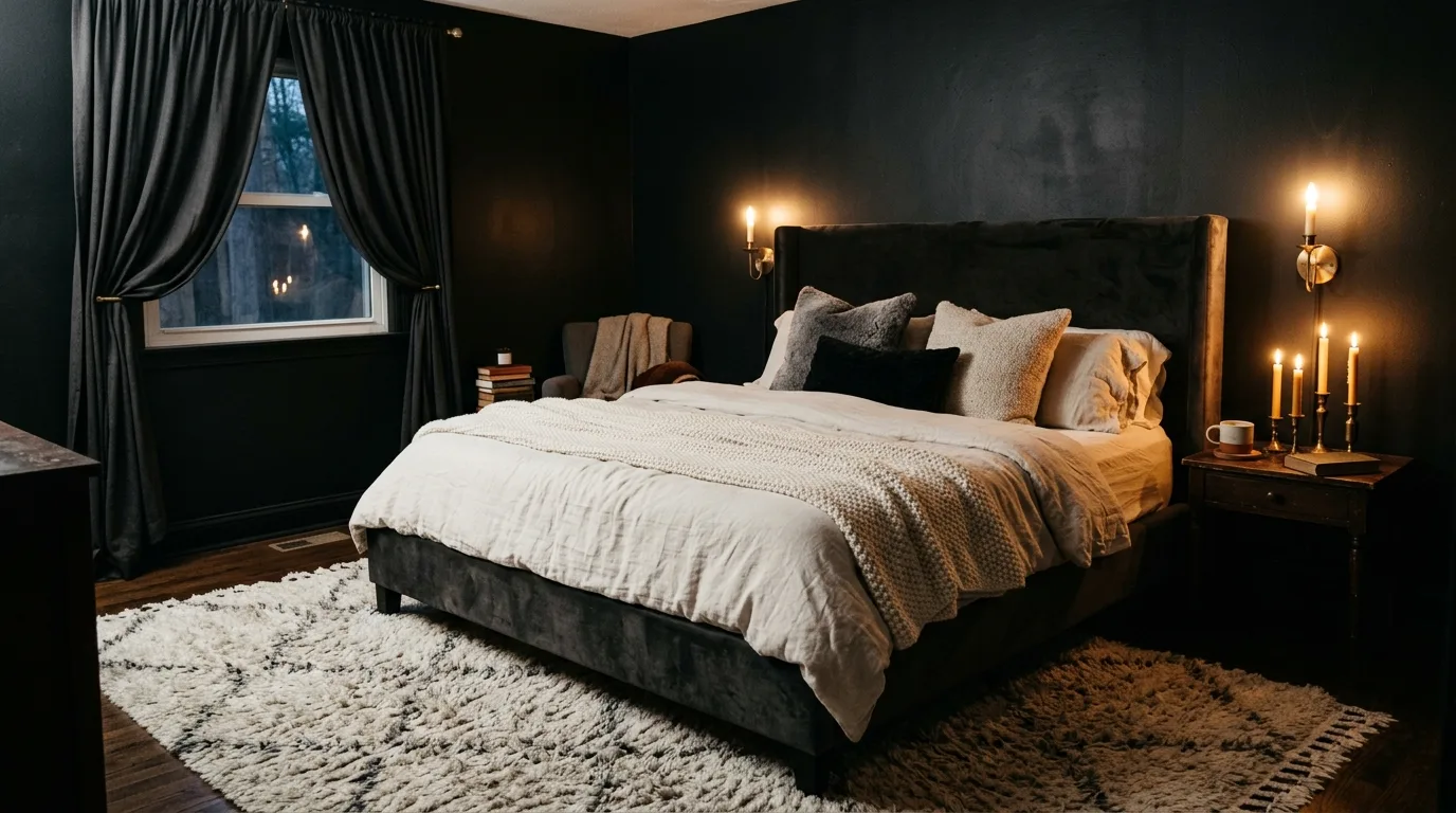 Black bedroom with layered lighting from sconces, lamps, and warm glow.